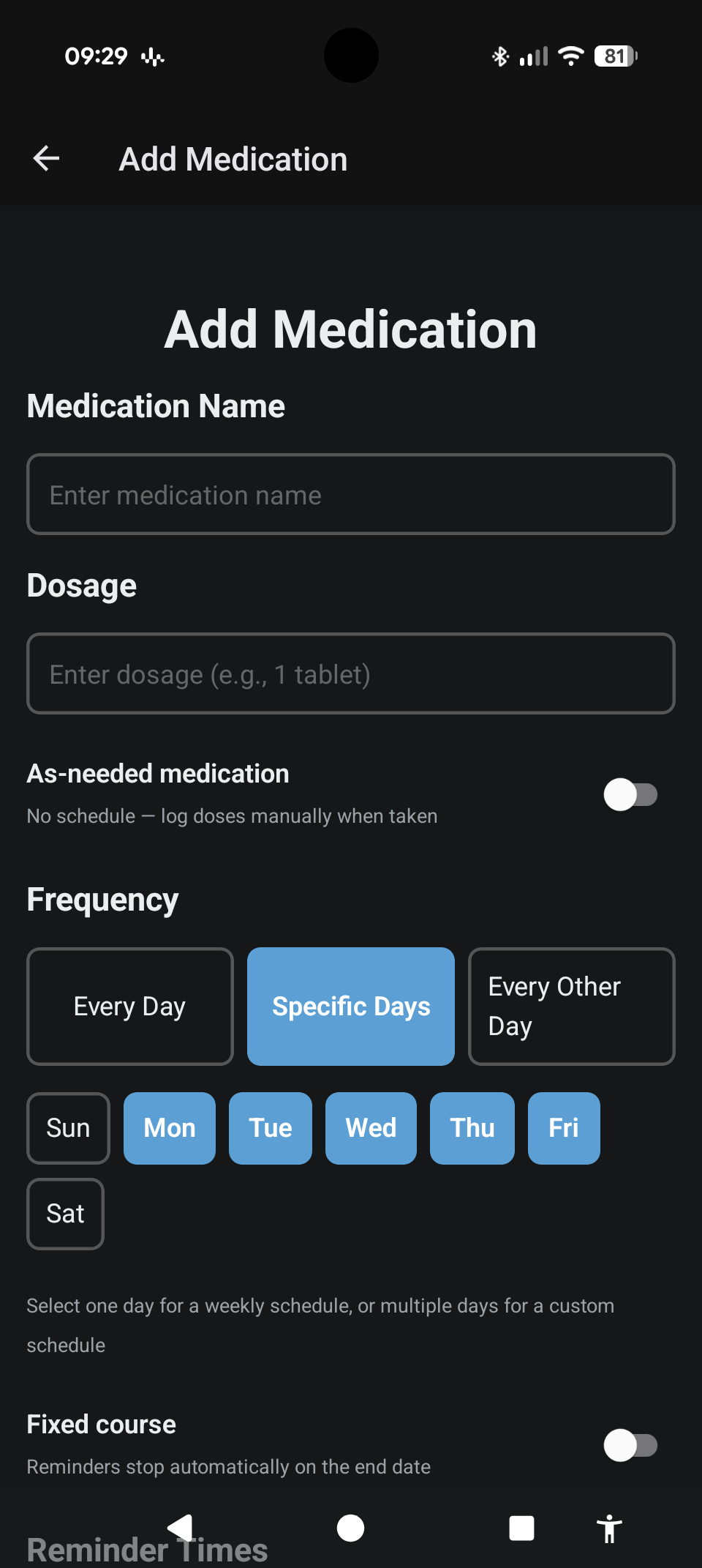 Adding a medication with specific day selection