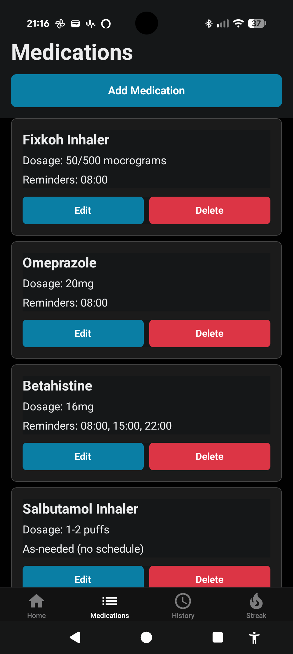 Managing the medication list — add, edit, and remove