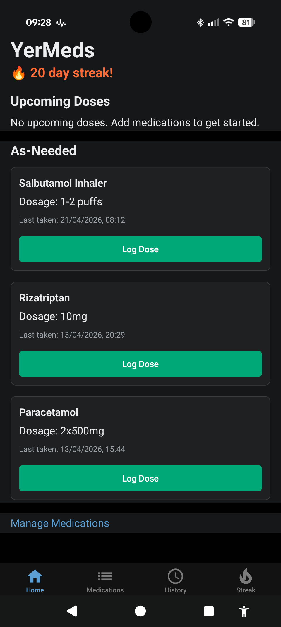 YerMeds home screen showing today's medications