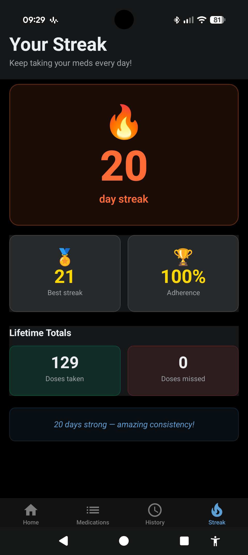 Medication streak tracking screen